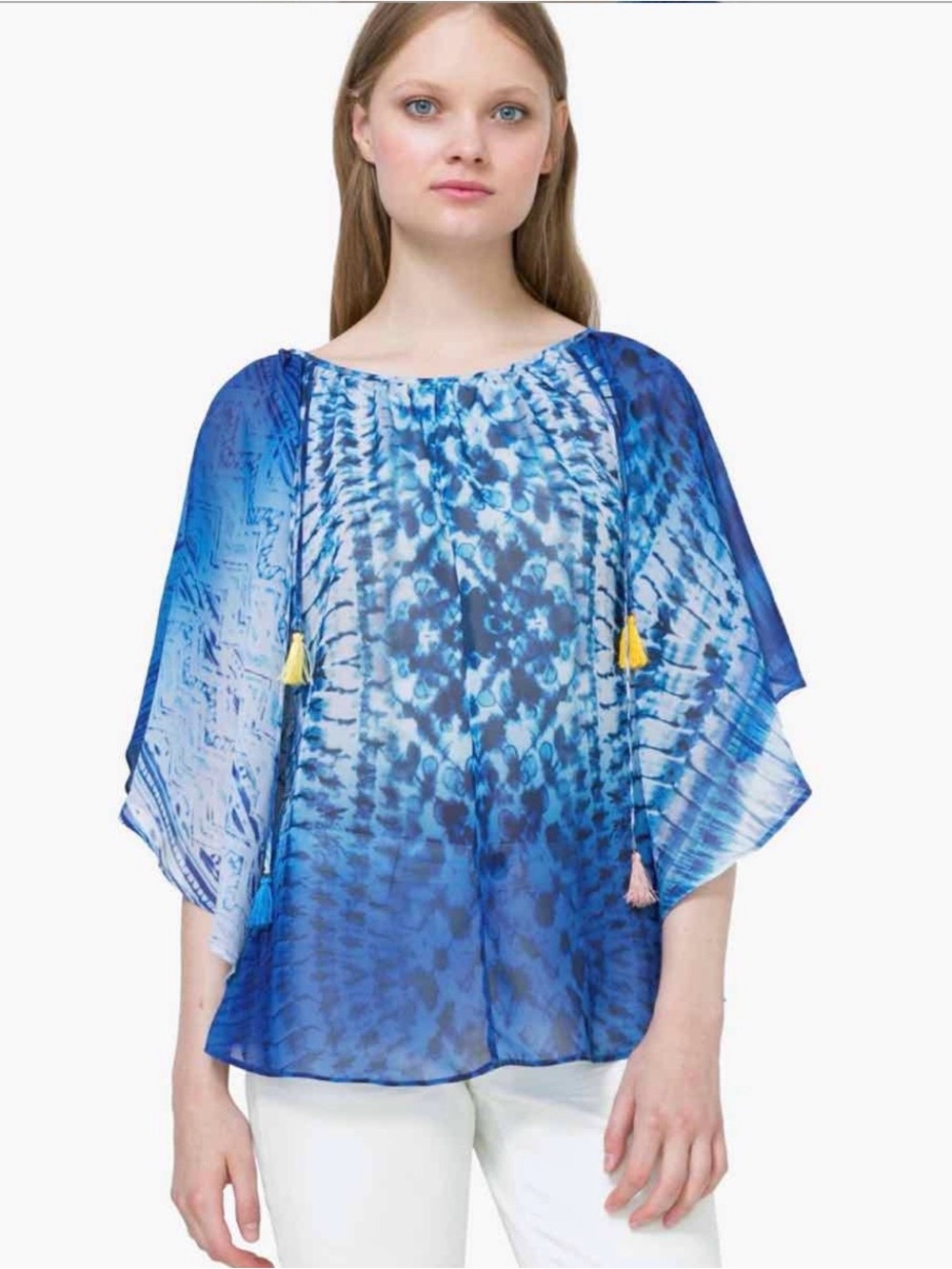Desigual Blue Tie-Dye Sheer Blouse with Yellow Tassels